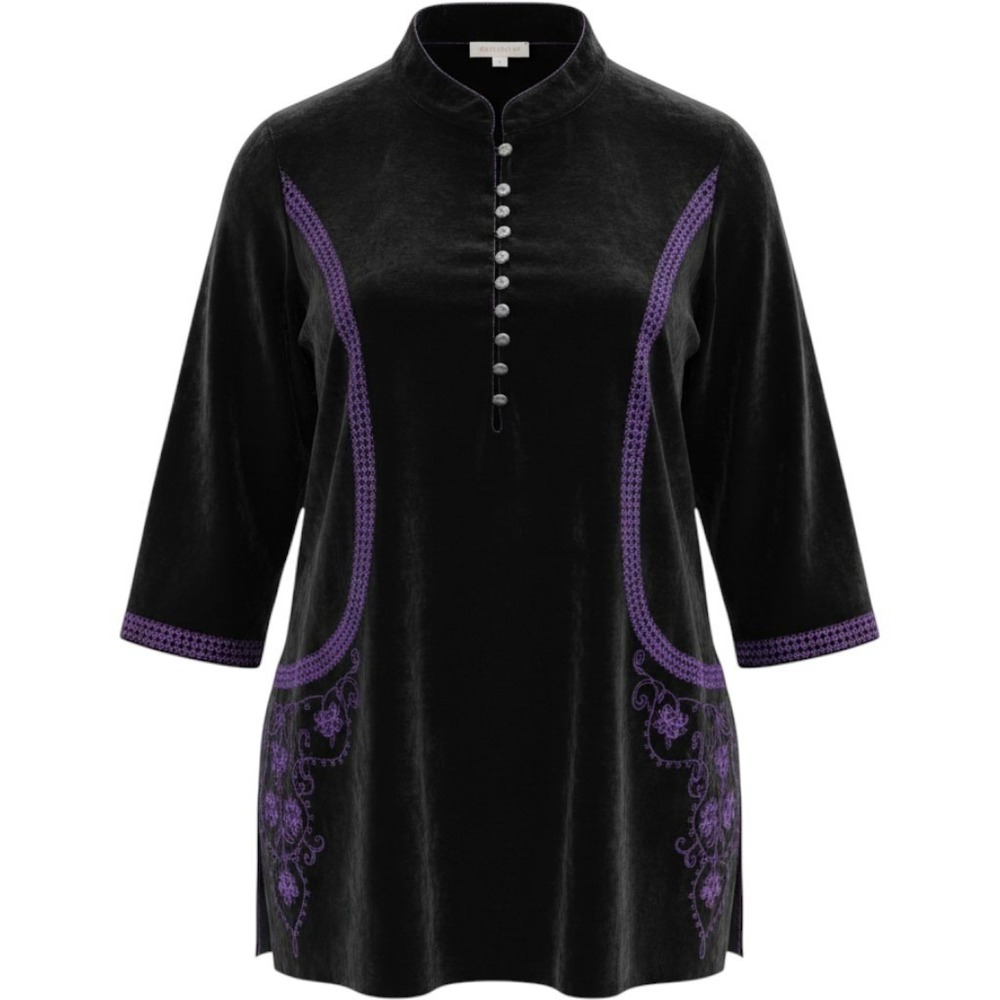 Soft Surroundings 1X Black Velvet Tunic Top Purple Embroidery Frog Buttons NWT